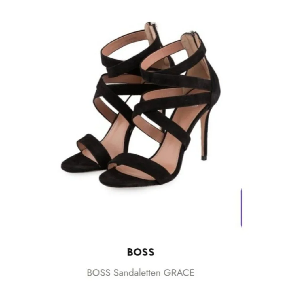 BOSS Hugo Boos GRACE Black Suede Strappy Stiletto Sandals Heels Sze EU38/7.5